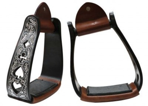 Showman Angled Black Aluminum Stirrups w/ Silver Engraving & Cut Out Poker Suit Design