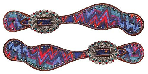 Showman Leather Spur Straps w/ Brushed Chevron Design & Rhinestone Buckles