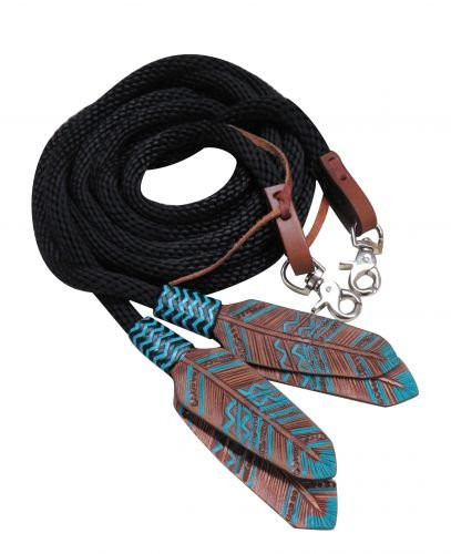 Showman 8' Round Braided Nylon Split Reins w/ Teal Painted Feather Poppers