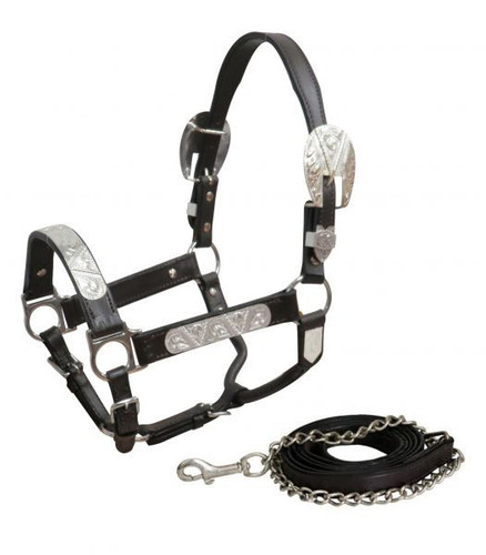 Showman Yearling/Small Horse Dark Leather Show Halter w/ Engraved Silver Accents