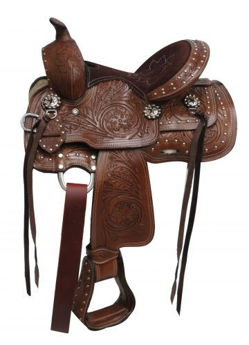 10" Double T Youth saddle with floral tooling and silver studs.