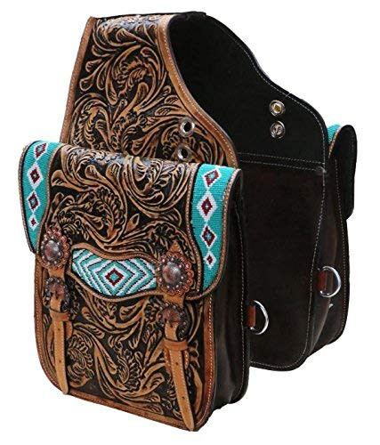 Showman Tooled Leather Saddle Bag w/ Turquoise, Red & White Beaded Inlay