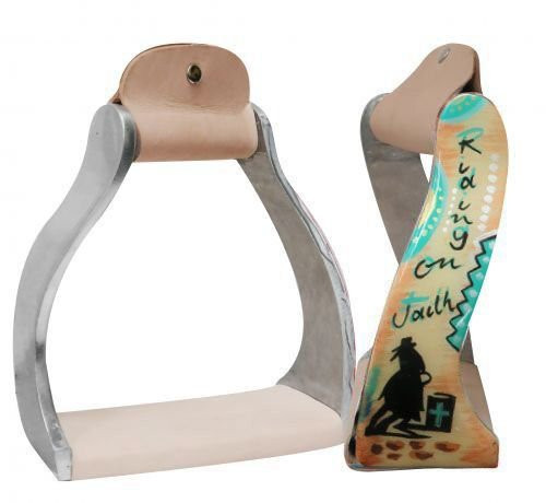 Showman Lightweight Twisted Angled Aluminum Stirrups w/ Painted "Riding on Faith" Design