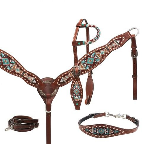 Showman Multi Color Navajo Beaded Leather Headstall, Breast Collar & Wither Strap Set