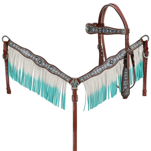 Showman Headstall & Breast Collar Set w/ Blue Diamond Print & Blue Ombre Fringe
