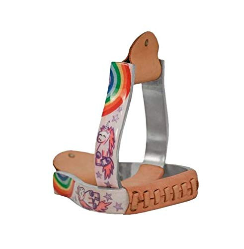 Showman PONY/YOUTH SIZE Polished Aluminum Stirrups w/ Unicorn & Rainbow Print