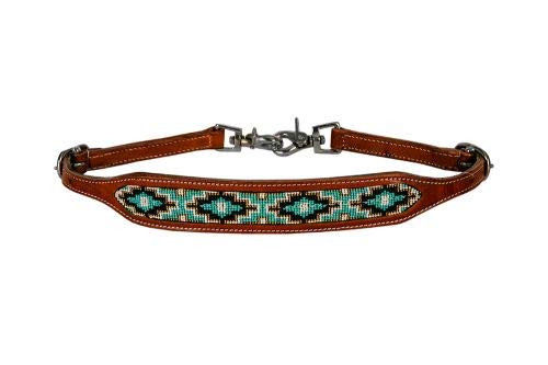 Showman Medium Oil Leather Wither Strap w/ Beaded Teal Aztec Design