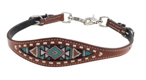 Showman Teal, Brown & White Navajo Beaded Inlay Leather Wither Strap