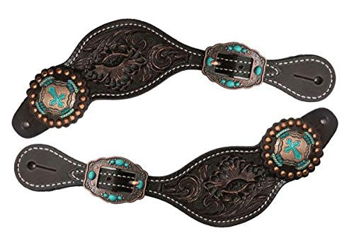 Showman Ladies Floral Tooled Chocolate Leather Spur Straps w/ Vintage Cross Conchos