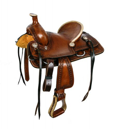 12"Double T hard seat roper style saddle with aztec design tooling.