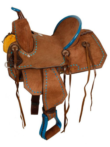 12" Double T Youth/Pony Chocolate Roughout Barrel Saddle with turquoise buckstitch. 