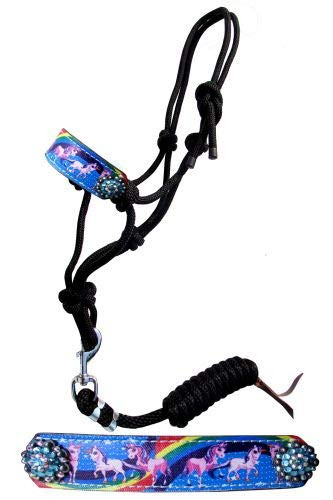 Showman PONY SIZE Rainbow Unicorn Cowboy Knot Rope Halter w/ Lead