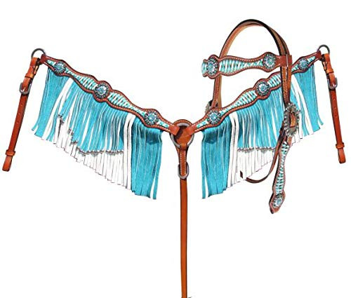 Showman Turquoise & White Leather Laced Headstall & Breast Collar Set w/ Fringe