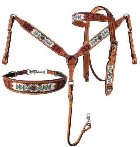 Showman Argentina Cow Leather Headstall & Breast Collar Set w/ Navajo Beaded Inlays