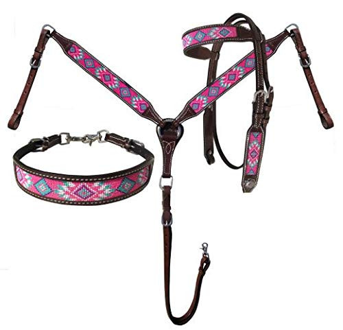 Showman Argentina Cow Leather Headstall & Breast Collar Set w/ Pink Navajo Beaded Inlays