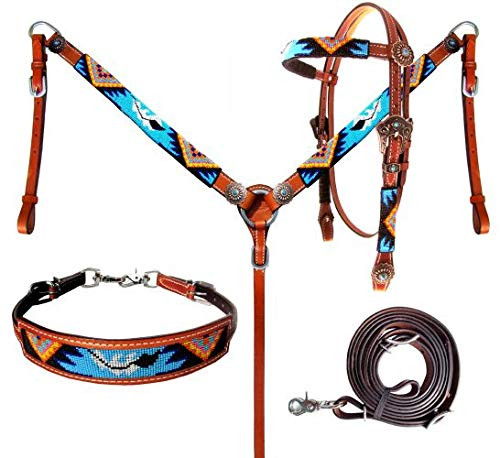 Showman Beaded Aztec 4 Piece Leather Headstall & Breast Collar Set