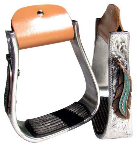 Showman Silver Engraved Aluminum Stirrups w/ Copper & Teal Feather Conchos