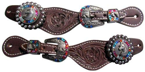 Showman Youth Dark Floral Tooled Leather Spur Straps w/ Unicorn Engraved Hardware