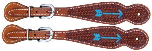 Showman Tooled Argentina Cow Leather Spur Straps w/ Turquoise Rawhide Arrows