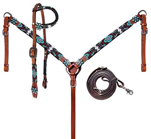 Showman Aztec Cross Design Beaded Leather Headstall & Breast Collar Set