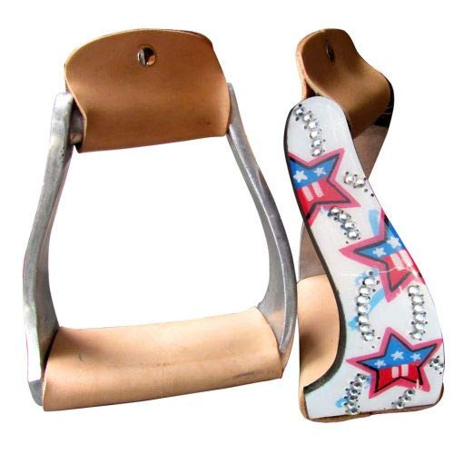 Showman PONY/YOUTH Twisted Angled Stirrups w/ Red, White and Blue Star Design