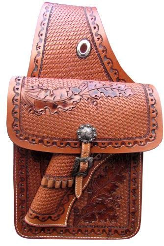 Showman Basket Weave & Leaf Tooled Leather Saddle Bag w/ 22 Caliber Gun Holster