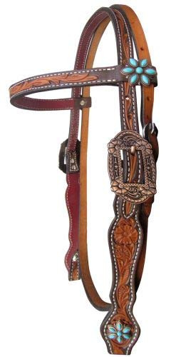 Showman Argentina Cow Leather Browband Headstall w/ Floral Tooling & Turquoise Stones