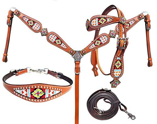 Showman Multi-Colored Beaded Cross Design Leather Headstall & Breast Collar Set