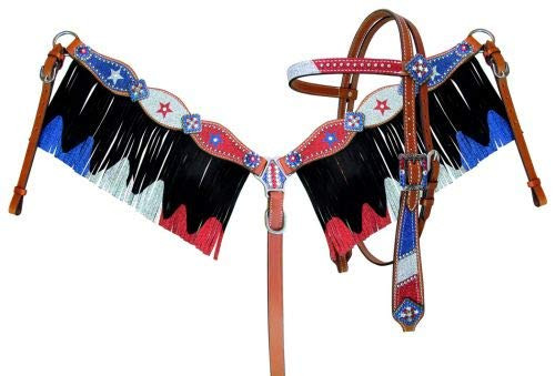 Showman Red, Silver & Blue Glitter Headstall & Breast Collar Set w/ Reins