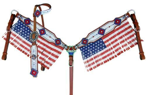 Showman American Flag Fringed Headstall & Breast Collar Set w/ Reins