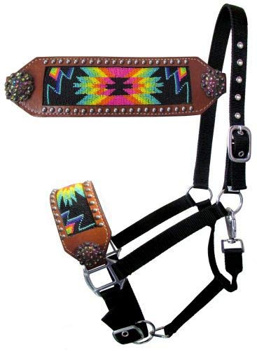 Showman Leather Bronc Halter w/ Beaded Rainbow Navajo Design