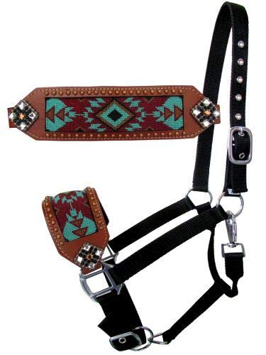 Showman Bronc Halter w/ Turquoise & Burgundy Beaded Navajo Design