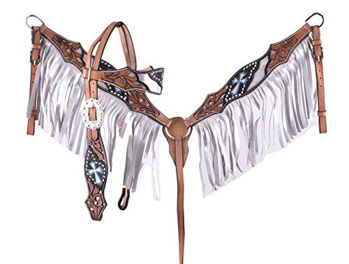 Showman Headstall & Breast Collar Set w/ Silver Metallic Inlays, Teal Painted Crosses & Fringe