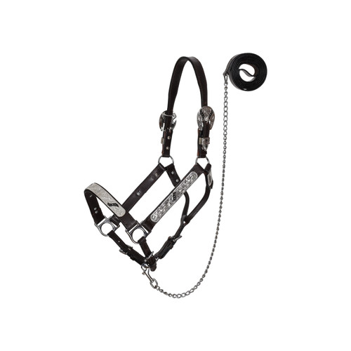 Showman Silver & Black Scroll Leather Show Halter with Lead - Mini