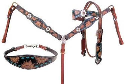 Showman Sunflower Tooled Leather Browband Headstall & Breast Collar Set