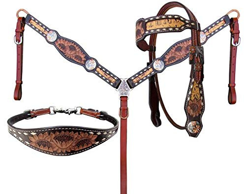 Showman Sunflower Tooled Leather 4 Piece Headstall & Breast Collar Set w/ Reins