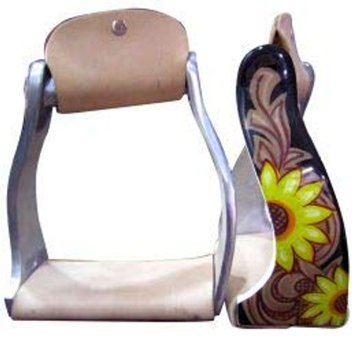 Showman Lightweight Twisted Angled Aluminum Stirrups w/ Sunflowers & Leather Tread