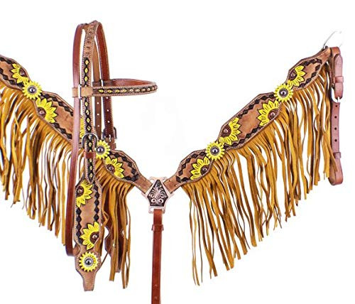 Showman Hand Painted Sunflower Leather Headstall & Breast Collar Set w/ Fringe