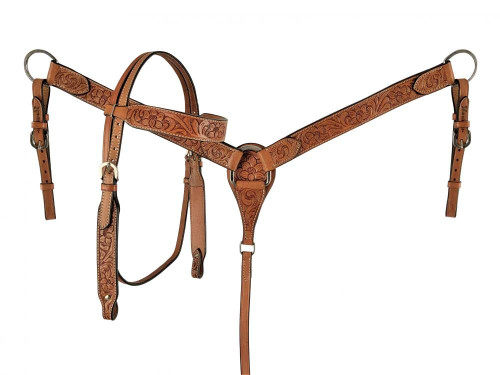 Showman Leather Headstall & Breast Collar Set w/ Floral Tooling