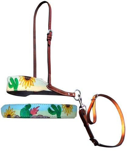 Showman Sunflower & Cactus Print Overlay Leather Noseband Tie Down & Strap