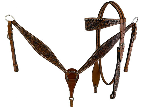 Showman Floral Tooled Leather Browband Headstall & Breast Collar Set