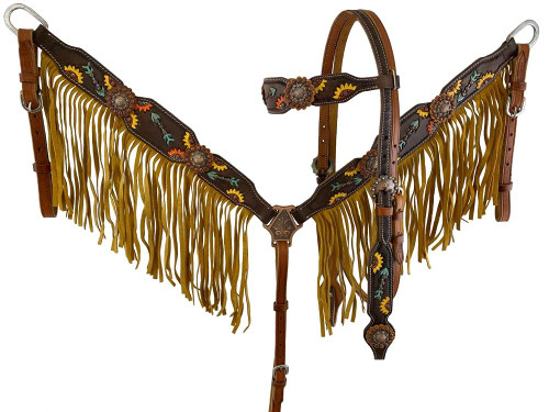 Showman Painted Sunflower & Arrow Design Headstall & Breast Collar Set w/ Fringe