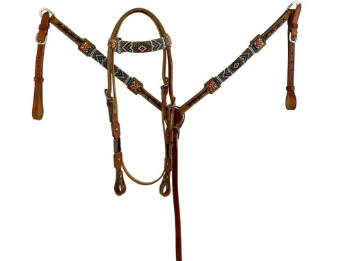 Showman Leather Browband Headstall & Breast Collar Set w/ Beaded Southwest Design