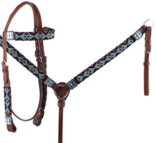 Showman Teal & Red Navajo Beaded Browband Headstall & Breast Collar Set