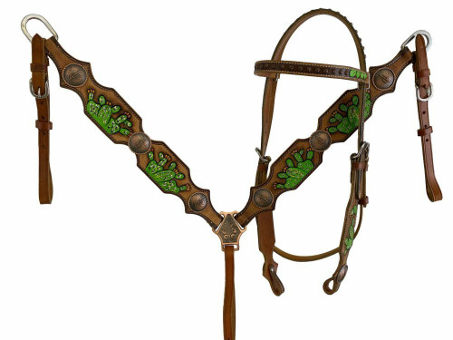 Showman Hand Painted Cactus Leather Browband Headstall & Breast Collar Set