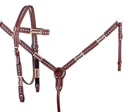 Showman Rawhide Braided Leather Headstall & Breast Collar Set w/ Turquoise Studs