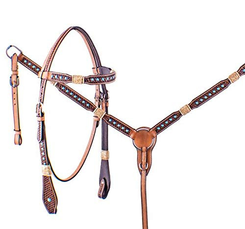 Showman Rawhide Braided Basketweave Tooled Headstall & Breast Collar Set w/ Turquoise Studs