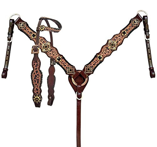 Showman Leather Single Ear Headstall & Breast Collar Set w/ Cheetah Print