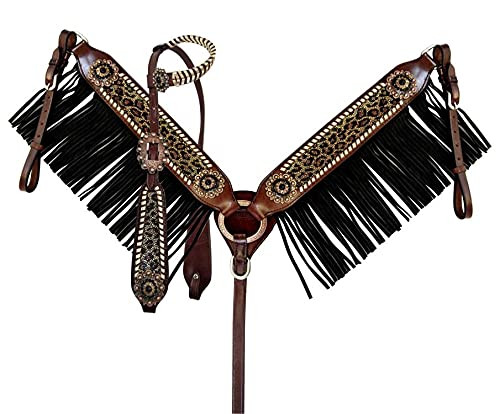 Showman Leather Headstall & Breast Collar Set w/ Cheetah Print & Fringe