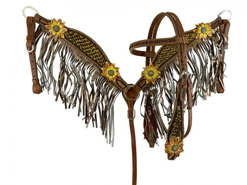 Showman Yellow & Red 3D Floral Accent Leather Headstall & Breast Collar Set w/ Fringe